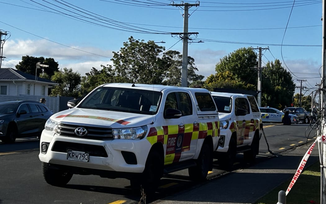 Police vehicles and emergency tape at a Rathgar Road, Henderson, property where a person died in a house fire, 8 February 2024.