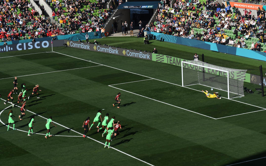 Canada's Christine Sinclair takes the penalty only to be saved by Nigeria's Chiamaka Nnadozie during the FIFA Women's Football World Cup 2023 between Nigeria and Canada in Melbourne