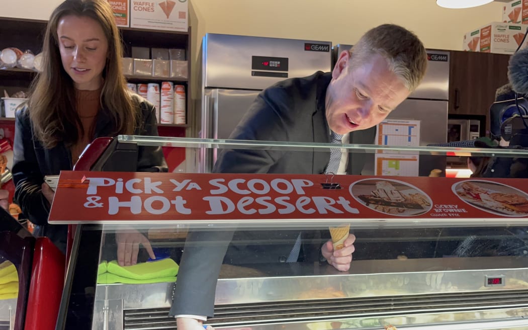 Chris Hipkins with an orange choc chippy ice cream at Rollickin Gelato  in Christchurch