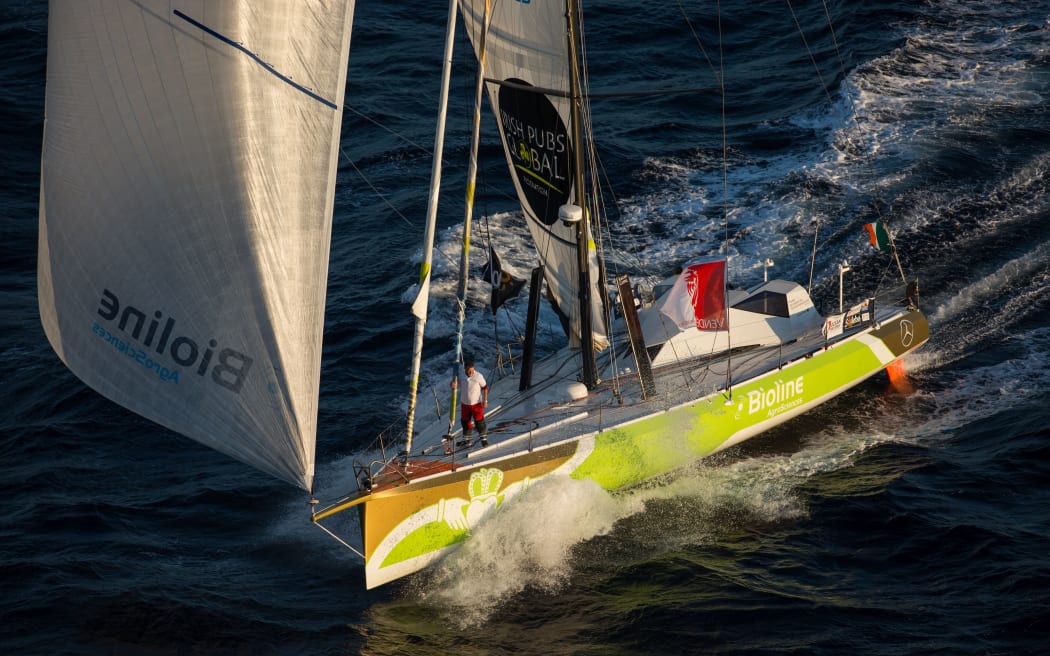 Yachtsman Enda O'Coineen on board the Kilcullen Voyager before it was crippled by a broken mast.
