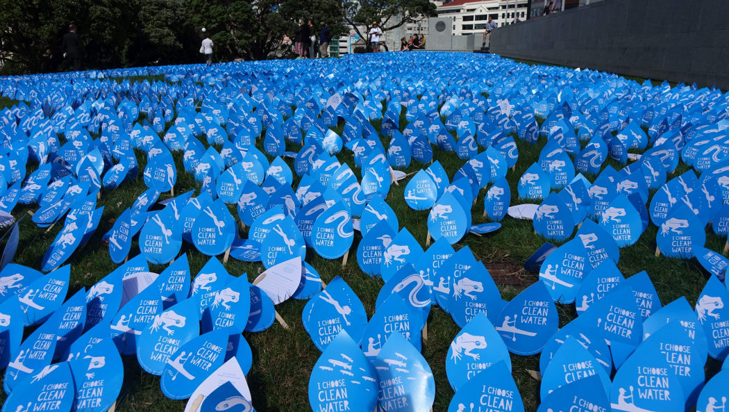 Thousands of blue paper water drops were shaped to form a river at the steps of Parliament. Campaigners walked more than 300km to present the a petition.