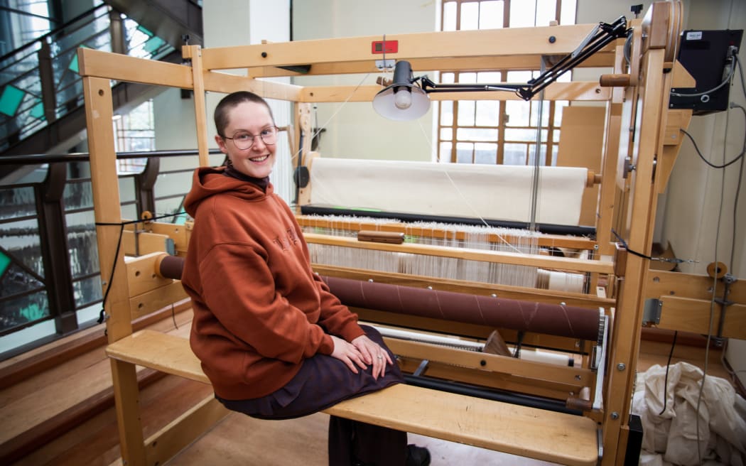 Genevieve Rae at the loom