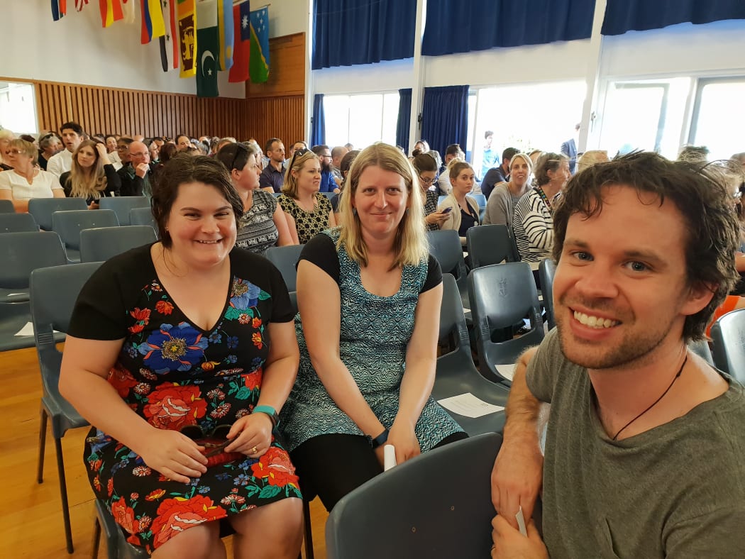Teachers Sara McKee, Fiona Mcdiarmid and David Starshaw at the PPTA meeting.