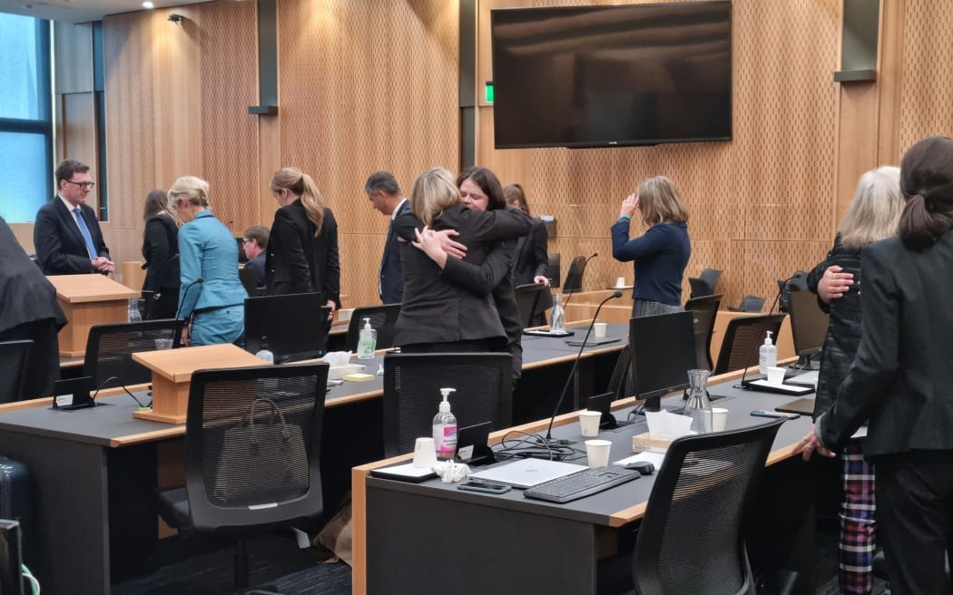 Lawyers Kathryn Dalziel and Anna Price embrace at the conclusion of a 7-week inquest into the Christchurch terror attack.