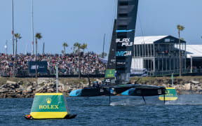 The Black Foils, helmed by Peter Burling, in action during their win in race one of the Los Angeles SailGP event at the Port of Los Angeles, 16 March, 2025.