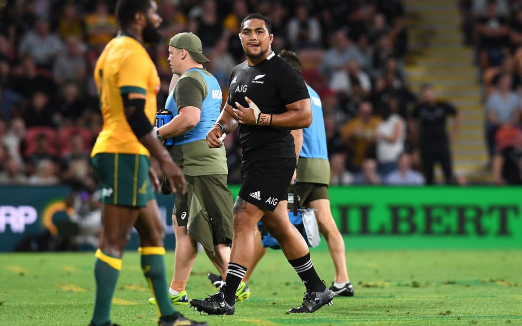 All Blacks prop Ofa Tuungafasi leaves the field after being sent off against Australia.