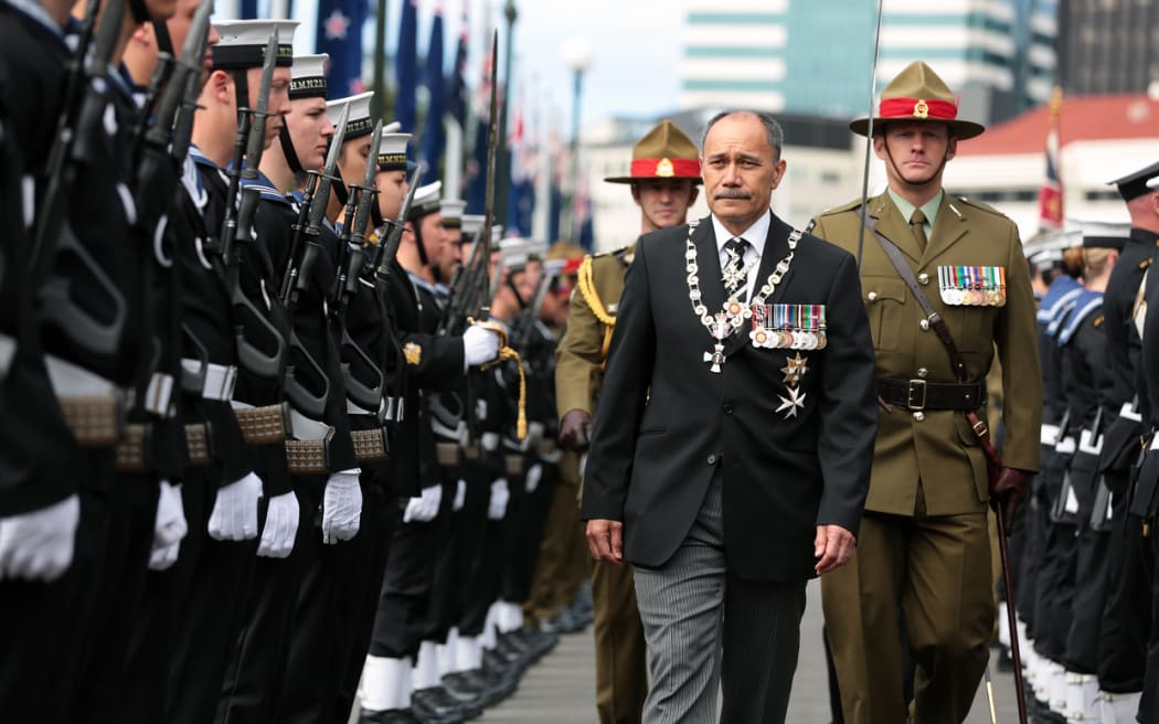 The Rt Hon Sir Jerry Mateparae Governor General of New Zealand inspect the guard during the official opening of Parliament
