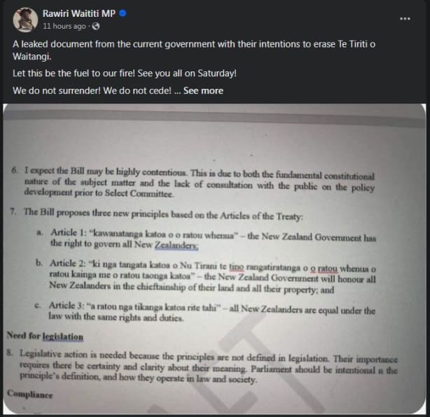 A screenshot showing Rawiri Waititi’s social media post of the leaked Treaty Principles bill memo.