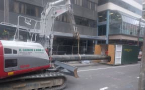 The 600mm pipe for the temporary above-ground sewer in Wellington now extending 160 metres along Willis St.