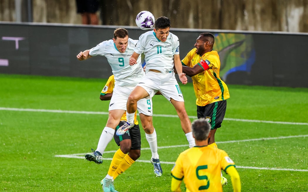 New Zealand's Chris Wood and Elijah Just against Vanuatu at the Oceania qualifiers for the FIFA World Cup.
