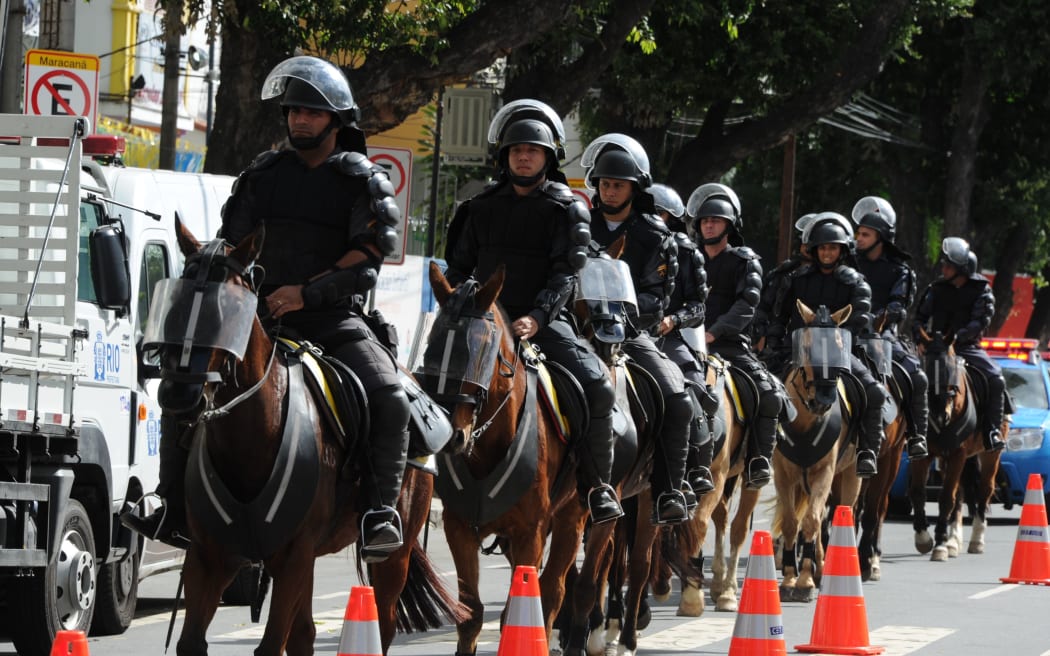 Mounted riot police outside the Maracana stadium ahead of the Russia vs Belgium World Cup match last month.