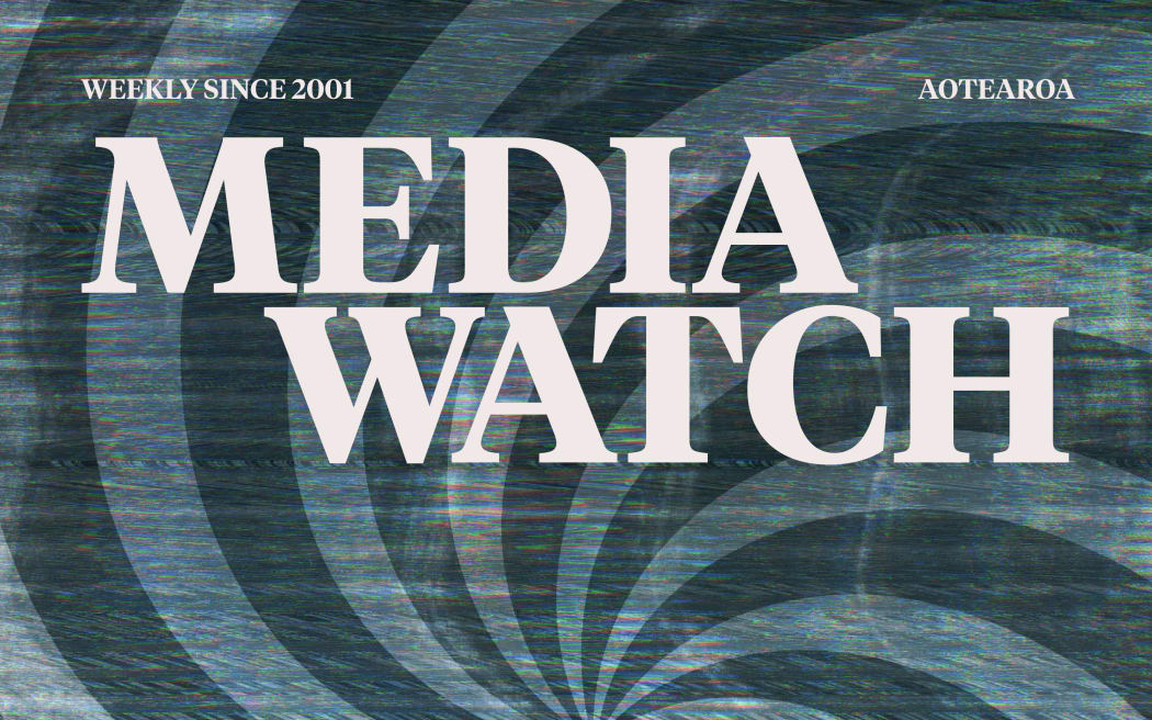 A grey and blue hypnotising illustration on the background with a large title saying "Mediawatch" and words "weekly since 2001" above the title.