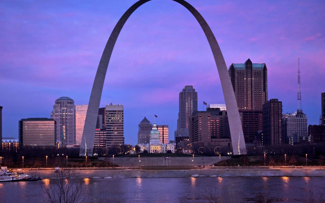 Gateway Arch & St. Louis MO Riverfront at Dawn
