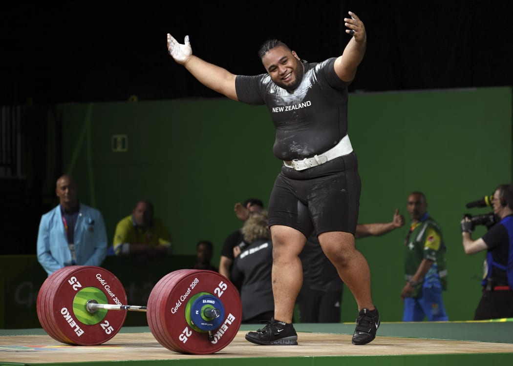 David Liti of New Zealand celebrates on the way to winning his gold medal in the men's +105kg weightlifting final at the 2018 Gold Coast Commonwealth Games on April 9, 2018.