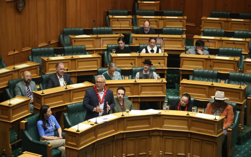 Green Party MP Teanau Tuiono addresses parliament during the third and final reading of his private members Citizenship (Western Samoa) (Restoration) Amendment Bill). 20 November 2024