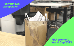 An office mug stuffed with paper slips for drawing teams, plus the words "Run your own sweepstake" and "FIFA Women's World Cup 2023"