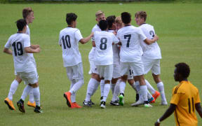 New Zealand players celebrate a goal against Vanuatu at the Oceania Under 17 football Championship.