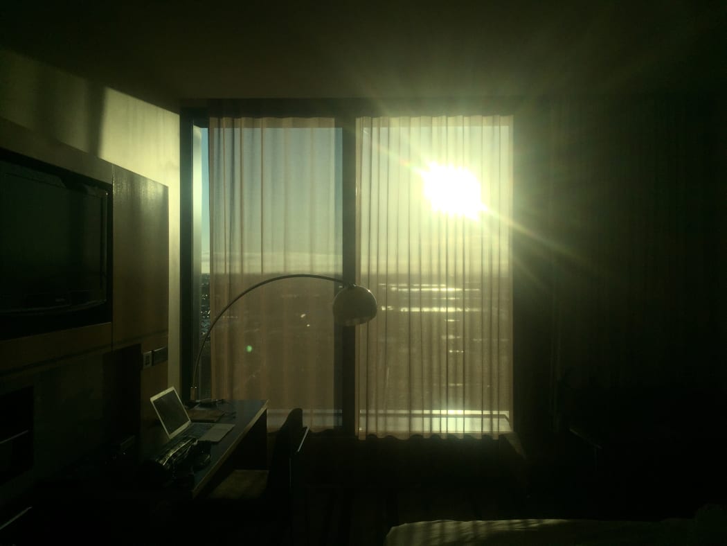 The Auckland hotel room where Hannah is self-isolating.