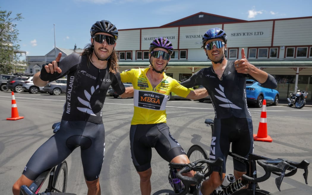 George Jackson, Aaron Gate and Kiaan Watts after stage two of the NZ Cycle Classic in Martinborough.