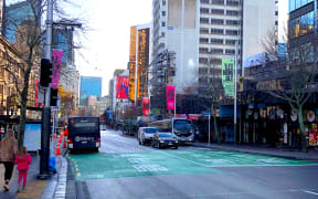 Queen Street on a quiet weekday afternoon. The sky is pale blue, the streets are in shadow. A few buses and cars busy the roads. A woman and her daughter walk along the sidewalk on the left.