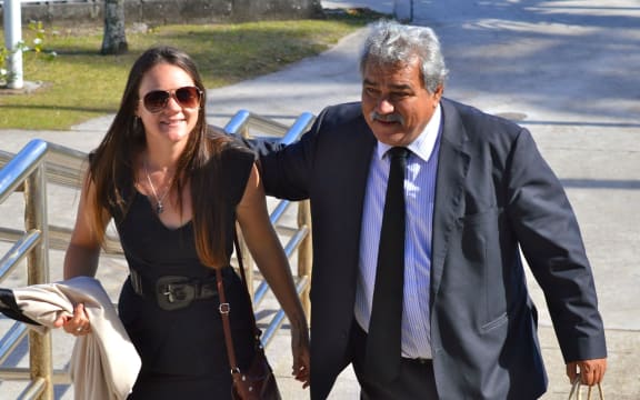 Teina Bishop supported by his daughter Tania Bishop outside the High Court in Rarotonga