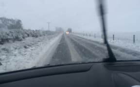 Snow on road between Ashburton and Methven on Thursday.
