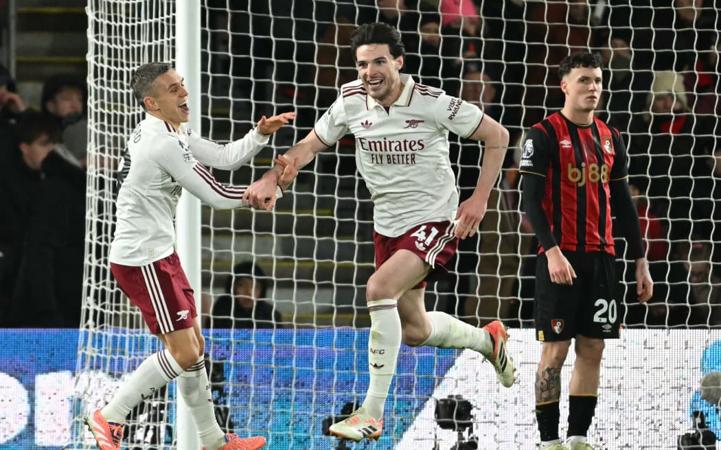 Declan Rice celebrates a goal for Arsenal.