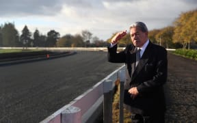 Winston Peters checks in on the construction of the Cambridge all-weather race track.