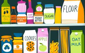 Illustration of various pantry items on shelfs.
