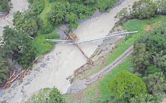 A birdseye view of damage to the city's water pipe from the Waingake Water Treatment Plant to Gisborne city, taken directly after the cyclone hit the region.