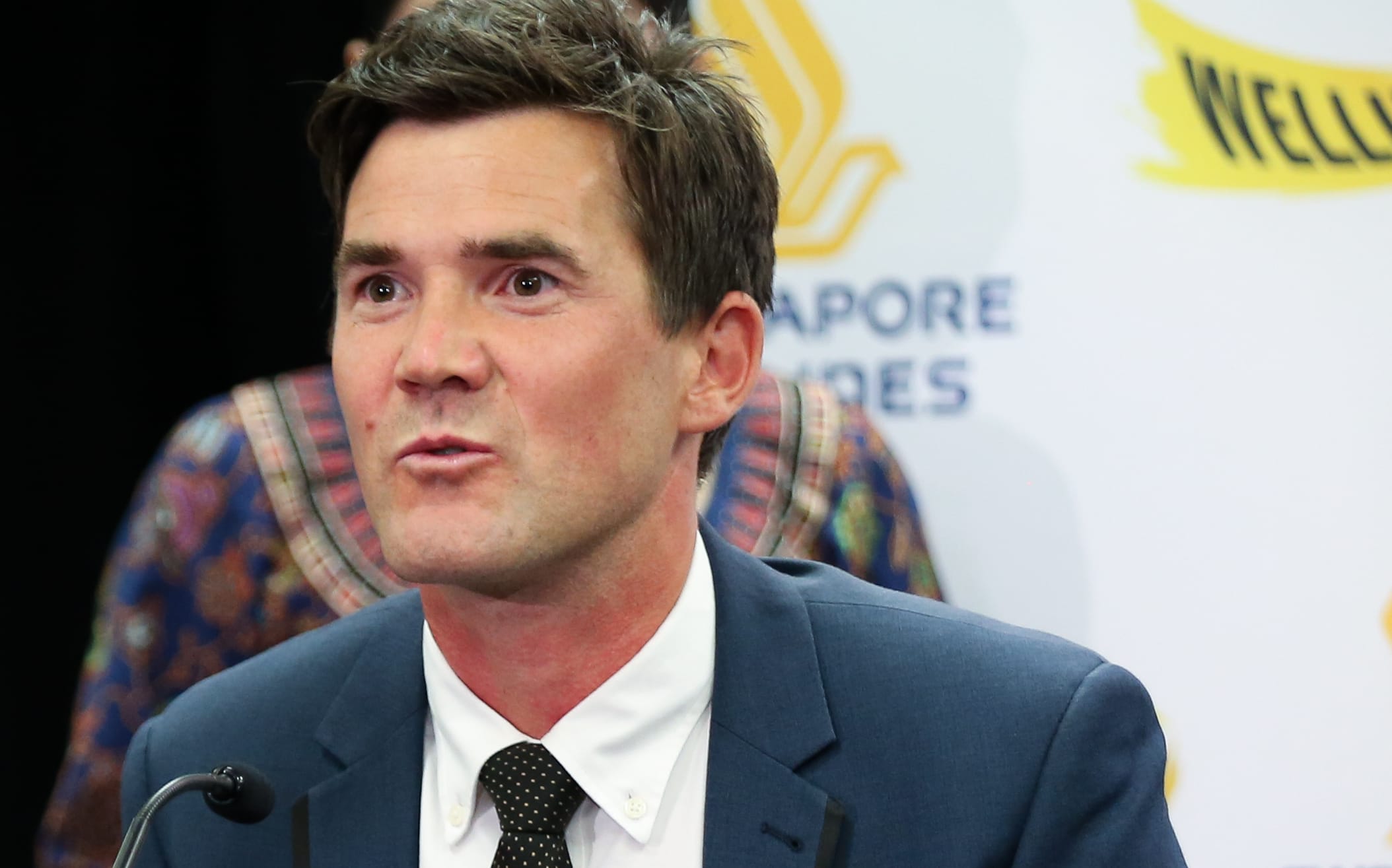 Wellington City Council Deputy Mayor Justin Lester at the Singapore Airline announcement  of flights from Wellington to Canberra.