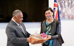 Vanuatu and New Zealand foreign ministers Jotham Napat (left) and Nanaia Mahuta at the signing of the Mauri Statement of Partnership in Port Vila on 30 March 2023.