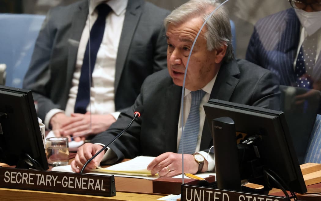 António Guterres, the Secretary-General of the United Nations (UN) addresses the Security Council during a meeting about the ongoing situation in Ukraine at the UN on 5 May 2022 in New York City.