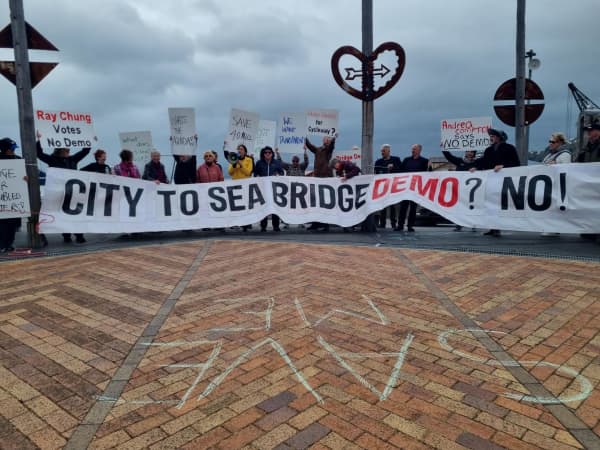 A protest of about 40 people on the City to Sea Bridge in Wellington protesting the demolishing the bridge.