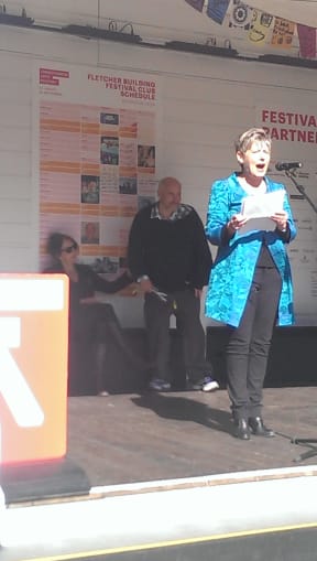 Lianne Dalziel's mayoral campaign launch was disrupted by Peter Wakeham (at rear)