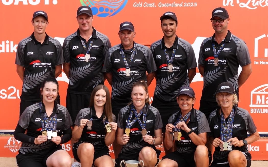 The New Zealand Blackjacks, with the Taylor Trophy as best overall women’s team, at the Bowls World Championships on the Gold Coast
