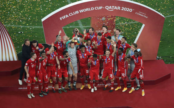 Bayern's players celebrate their win in the FIFA Club World Cup final against Mexico's UANL Tigres at the Education City Stadium in the Qatari city of Ar-Rayyan on February 11, 2021.