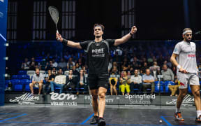 Paul Coll (NZL) celebrates during the British Open semi final against Mohamed ElShorbagy (EGY) at the Allam Sport Centre, Hull, England on 21st August 2021.
