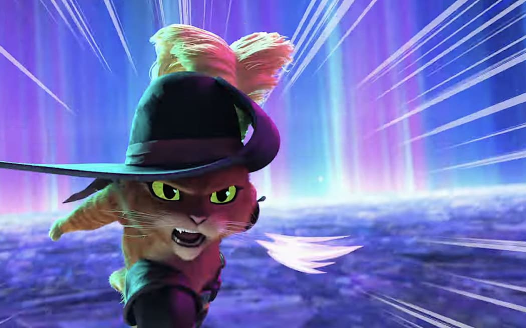 A frame from the film Puss in Boots: The Last Wish showing the stylised animation techniques used