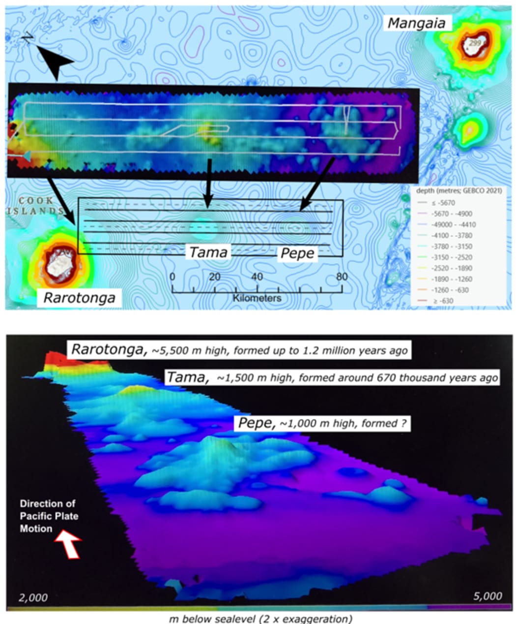he new bathymetric data of the volcanic chain southeast of Rarotonga. SBMA/25032413