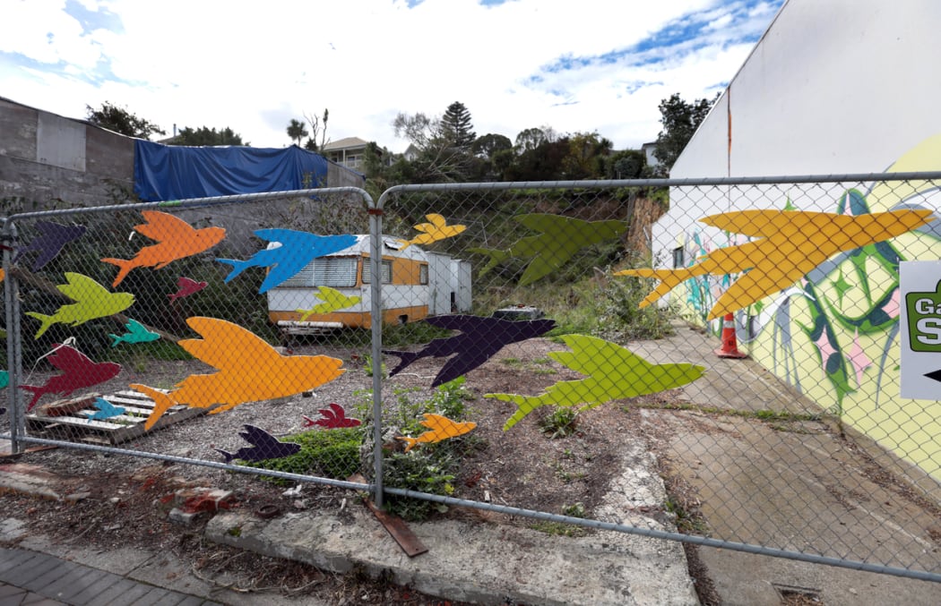 Empty site in Lyttelton filled with artwork 230414. Photo Diego Opatowski / RNZ. Christchurch