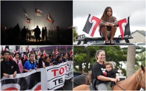 Hīkoi mō Te Tiriti composite image of four photos from day one. A photo at dawn of people holding flags, a child sitting on a car holding two flags, children taking part in the hīkoi and a young child and person smiling sitting on a horse.