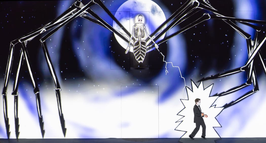Queen of the Night terrifies Tamino in The Magic Flute by Komische Oper Berlin