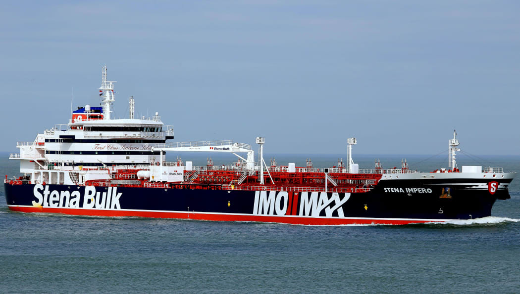 This handout photo made available on July 20, 2019, by Jan Verhoog shows the Stena Impero, a British-flagged tanker, off the coast of Europoort in Rotterdam on April 3, 2018.