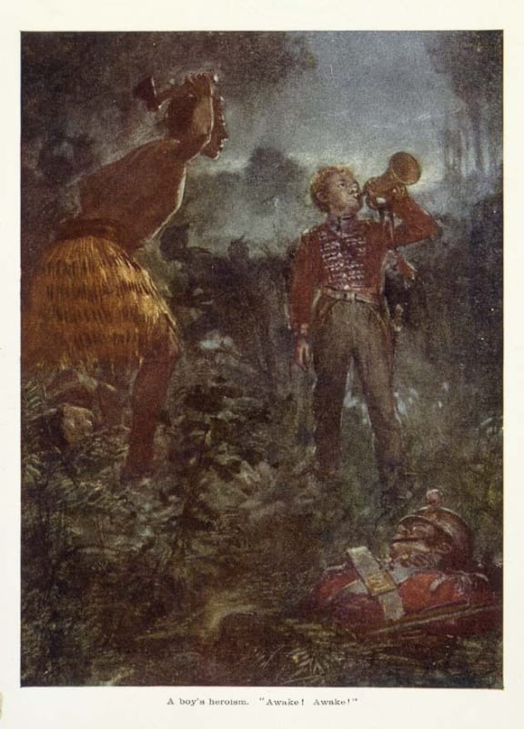 A romanticised painting of bugler William Allen by Arthur McCormick
