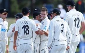 Tim Southee celebrates his 300th Test wicket at the Bay Oval in Mount Maunganui
