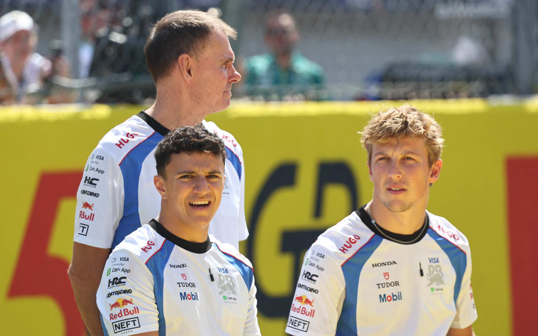 Alan Permane, Isack Hadjar and Liam Lawson of Racing Bulls, 2025.