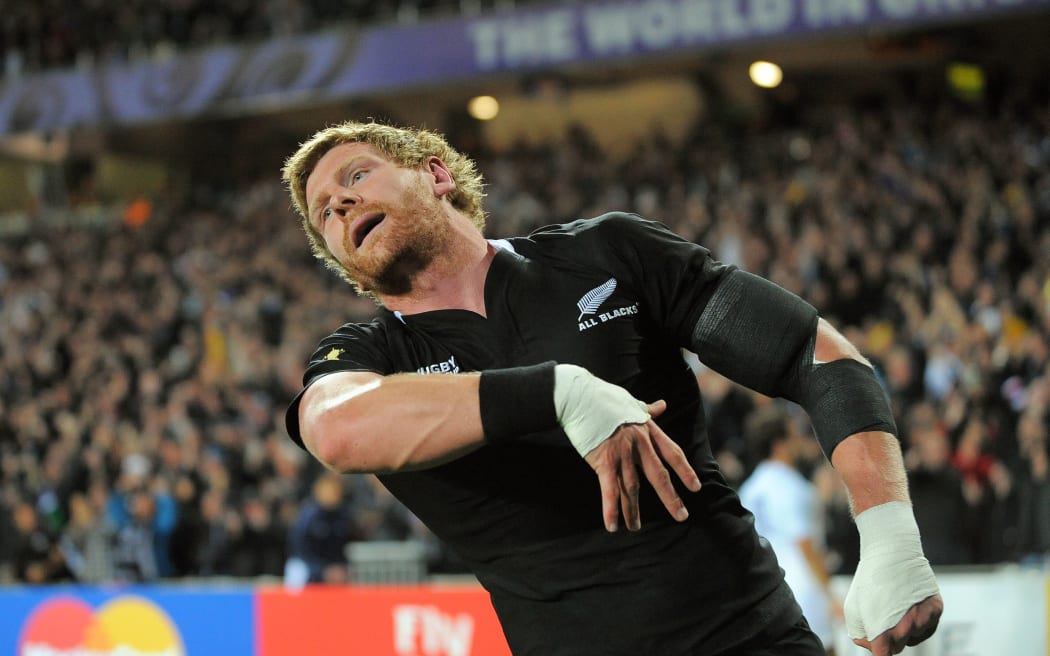 Adam Thomson celebrates his try during the All Blacks v France pool A match of the 2011 IRB Rugby World Cup at Eden Park, Auckland, New Zealand on Saturday, 24 September 2011. Photo: Dave Lintott / photosport.co.nz