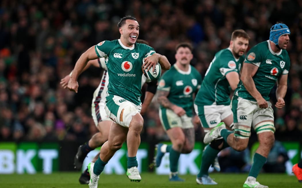 James Lowe during the Guinness Six Nations 2025 match between Ireland and England at Aviva Stadium.