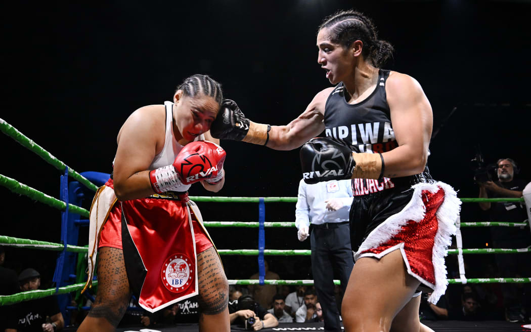 IBF Heavyweight World Title Champion Lani Daniels (R) during her fight against Alrie Meleisea at Eventfinda Stadium in Auckland on Saturday 27 May 2023.